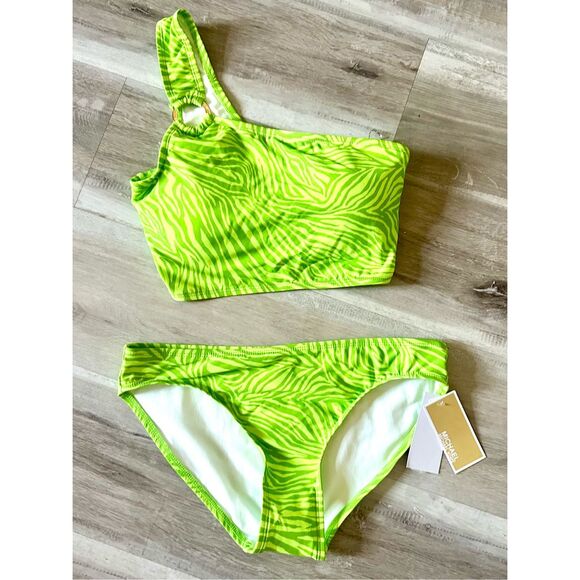NWT Michael Kors one shoulder O-ring top and bottom swimwear in green with anima - Picture 2 of 10